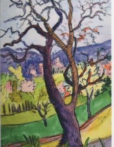 Violetter Baum in Landschaft / Hermann Hesse, 12 x 17cm