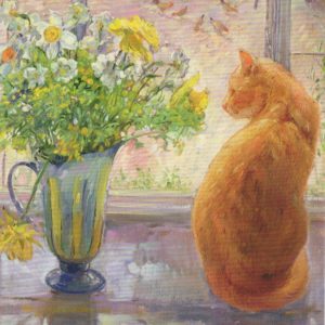 Gestreifter Krug mit Frühlingsblumen (+roter Katze) / Timothy Easton