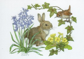 Rabbit and wren with bluebells and primroses/Molly Brett